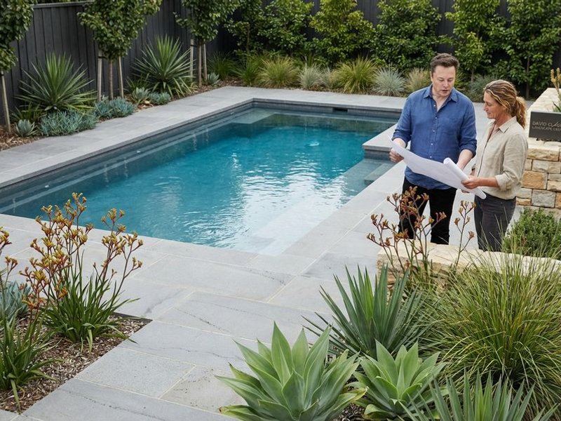 Modern geometric pool with bluestone paving