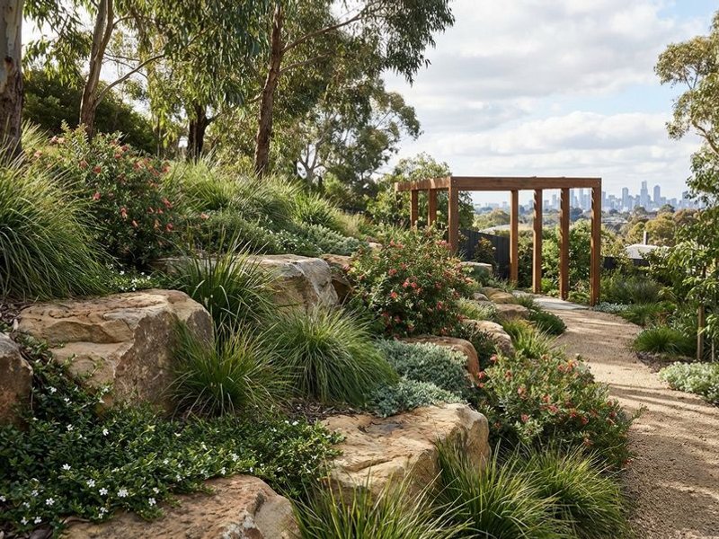 Natural rock retaining wall with native plantings