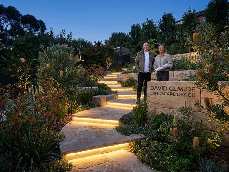 Stepped pathway through terraced garden beds